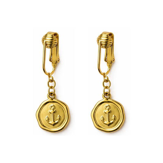 Gold Anchor Charm Clip On Dangling Earrings