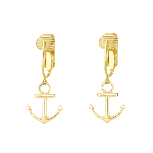 Gold Anchors Clip On Dangling Earrings