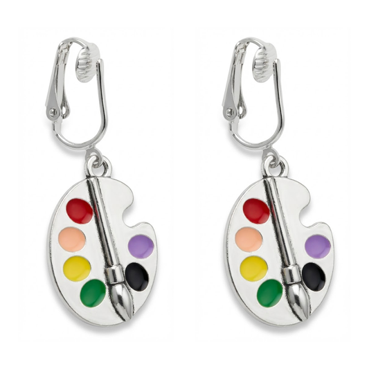 Silver Artist Palette Clip On Dangling Earrings