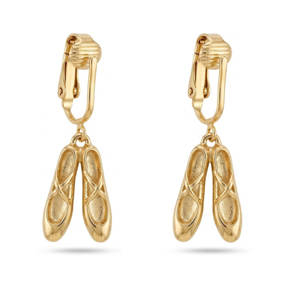 Gold Ballet Slippers Clip On Dangling Earrings