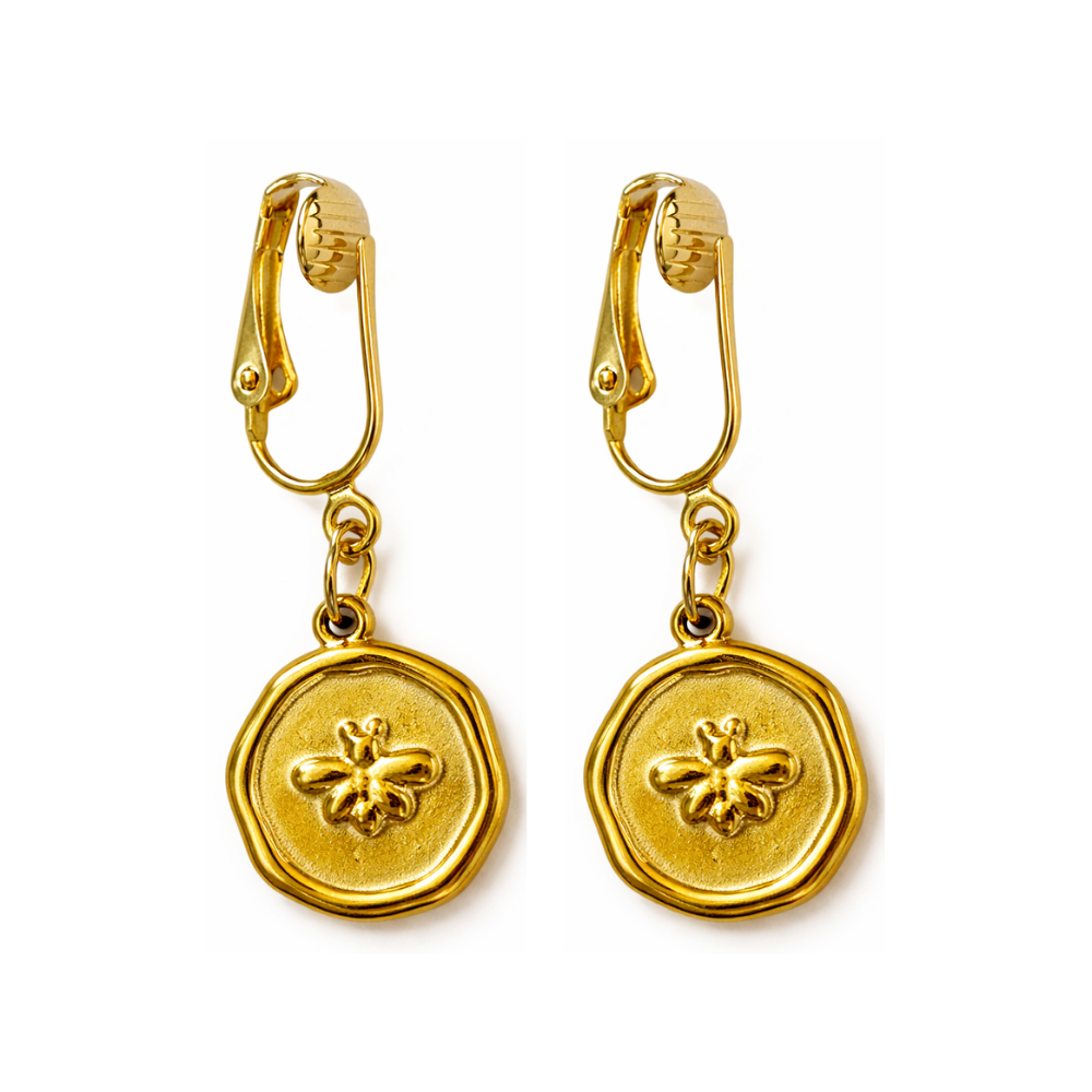 Gold Bee Charm Clip On Dangling Earrings