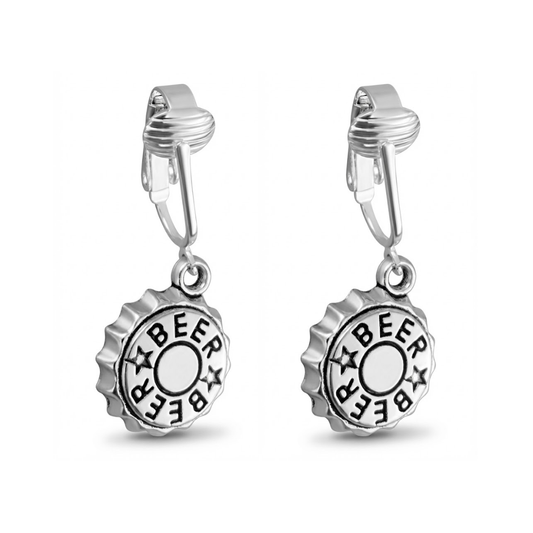 Silver Beer Caps Clip On Dangling Earrings