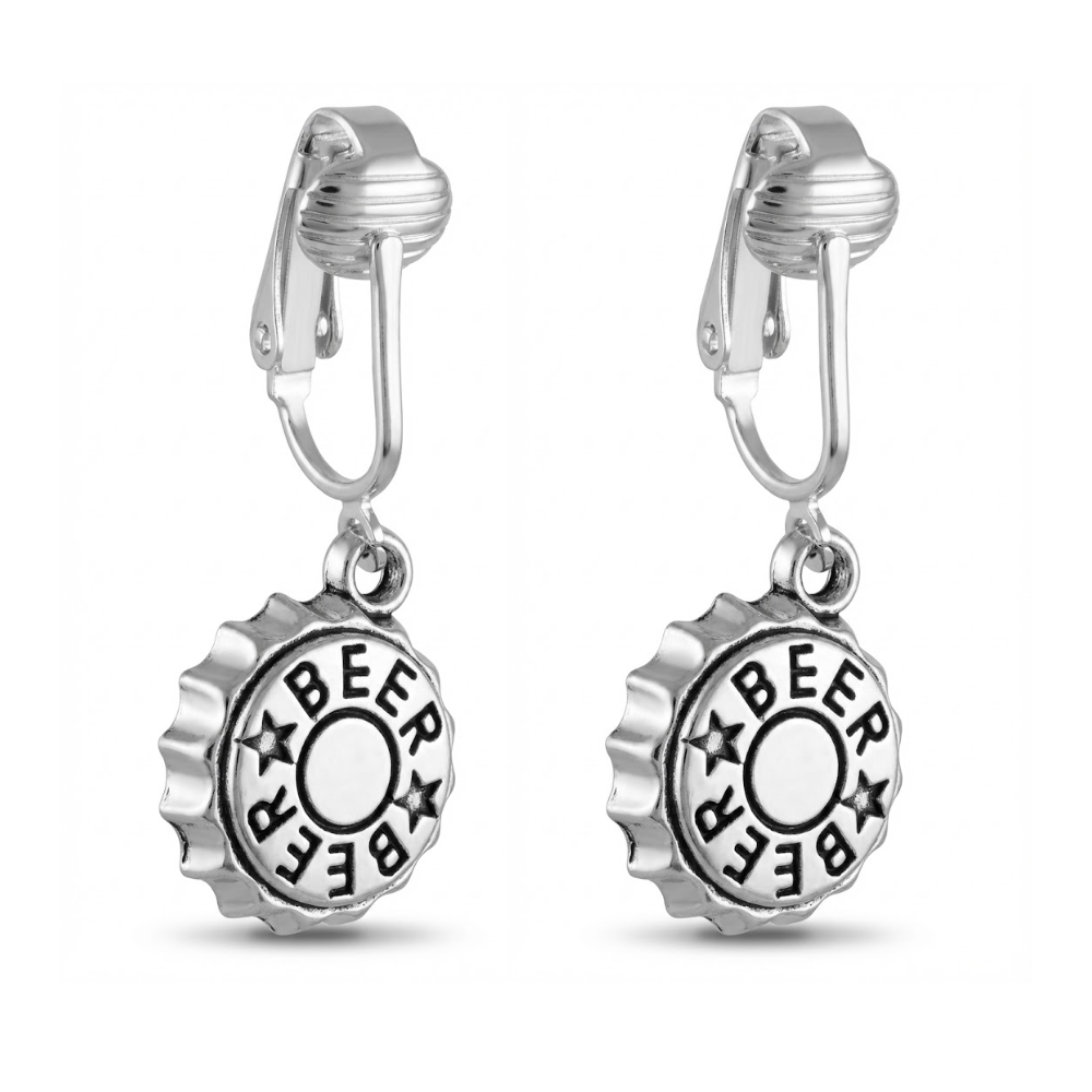 Silver Beer Caps Clip On Dangling Earrings