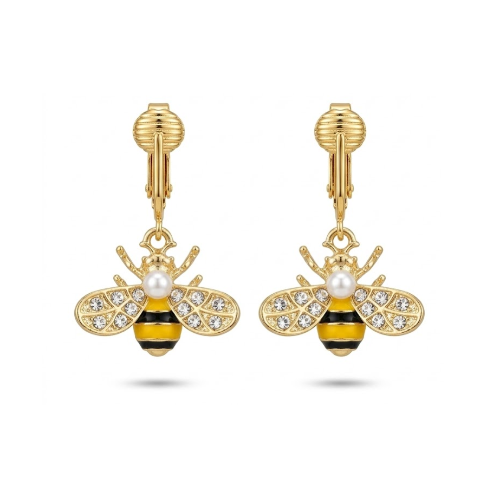 Simulated Pearl Bee Gold Clip On Dangling Earrings