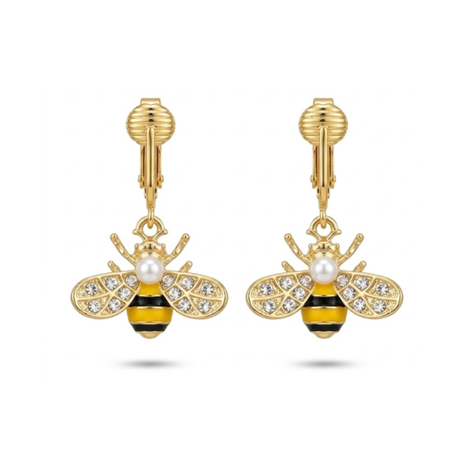Simulated Pearl Bee Gold Clip On Dangling Earrings