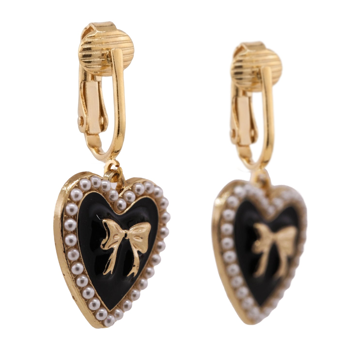Black Bow Heart Gold Clip On Dangling Earrings
