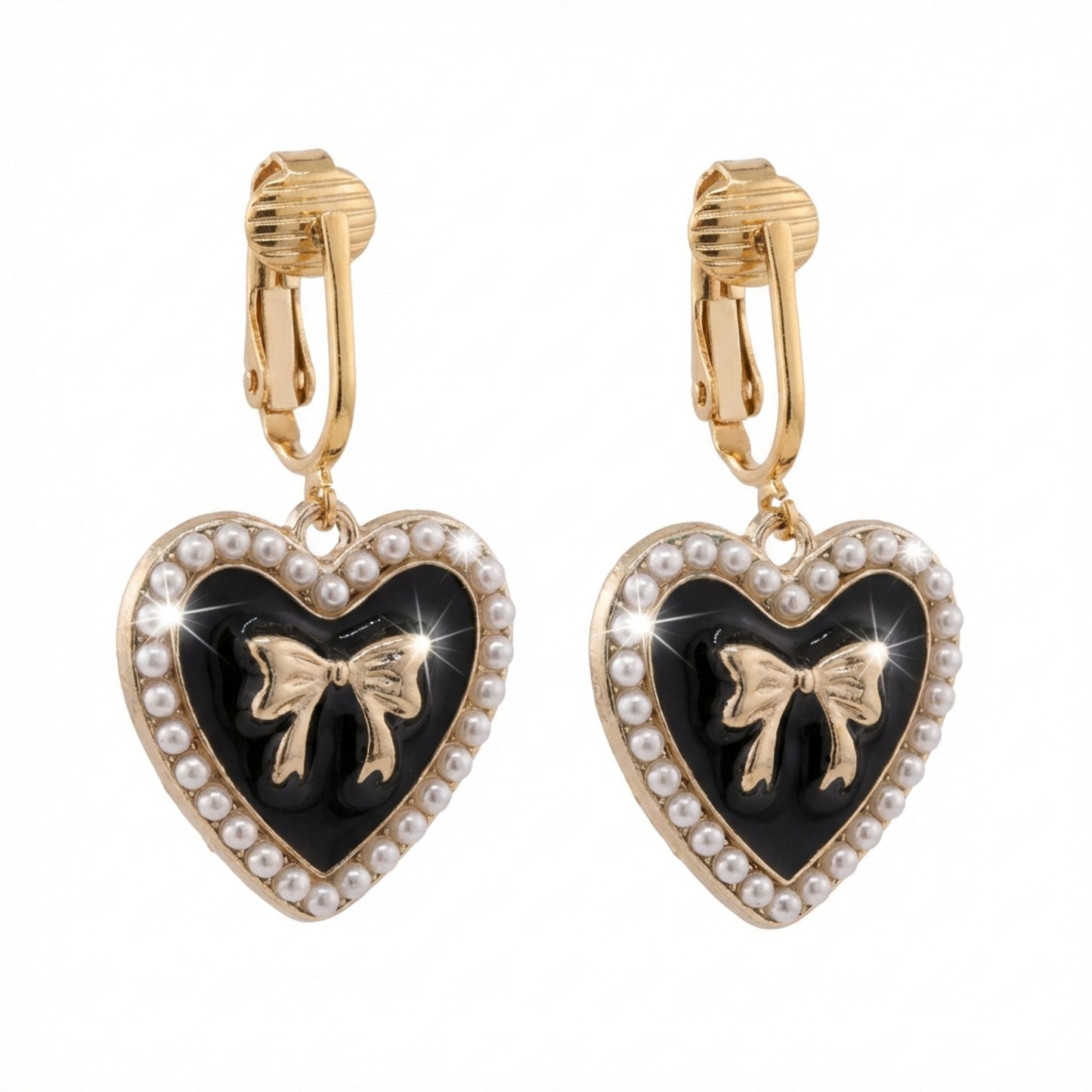 Black Bow Heart Gold Clip On Dangling Earrings