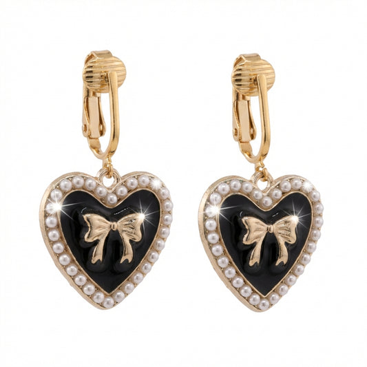 Black Bow Heart Gold Clip On Dangling Earrings