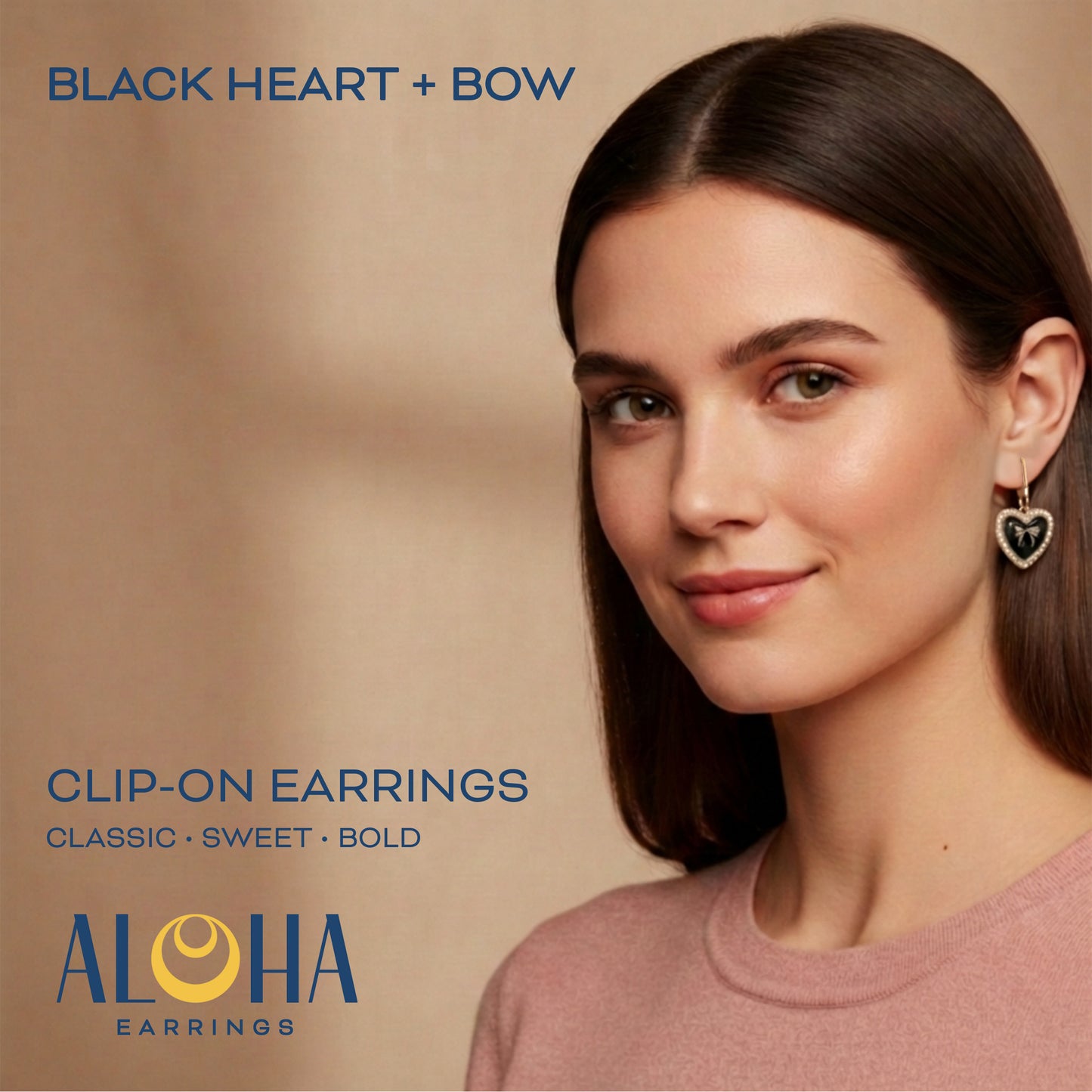 Black Bow Heart Gold Clip On Dangling Earrings