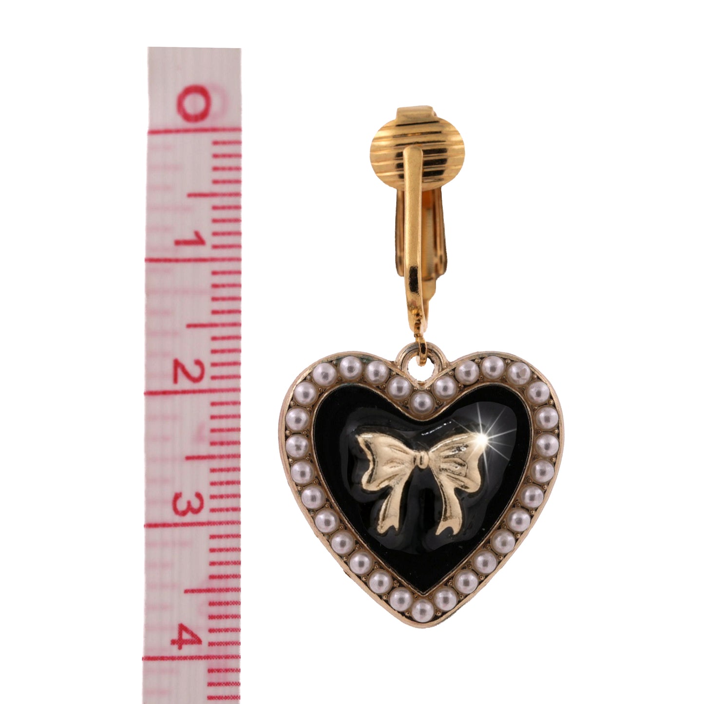 Black Bow Heart Gold Clip On Dangling Earrings