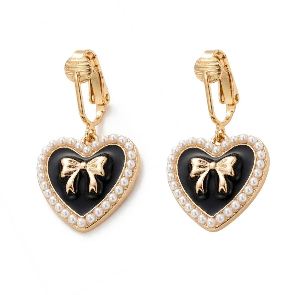 Black Bow Heart Gold Clip On Dangling Earrings