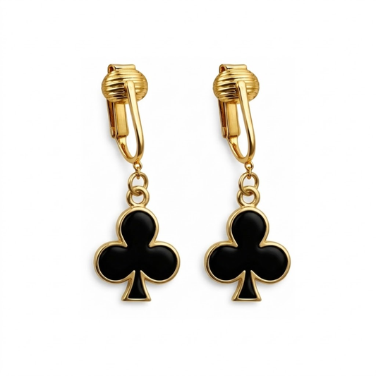 Black Clubs Gold Clip On Dangling Earrings