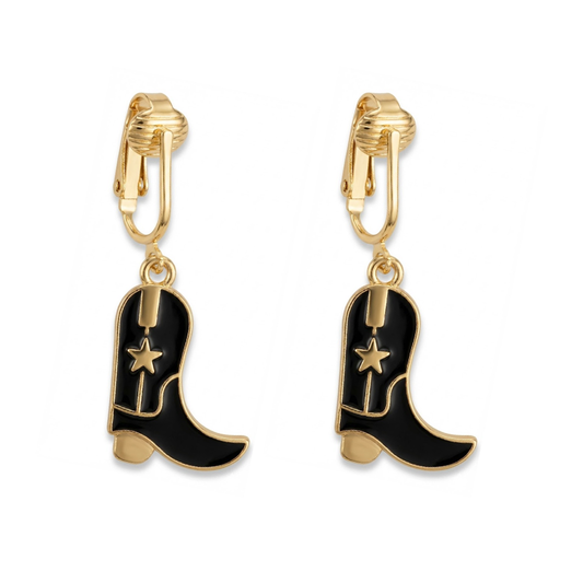 Black Cowboy Boots Gold Clip On Dangling Earrings