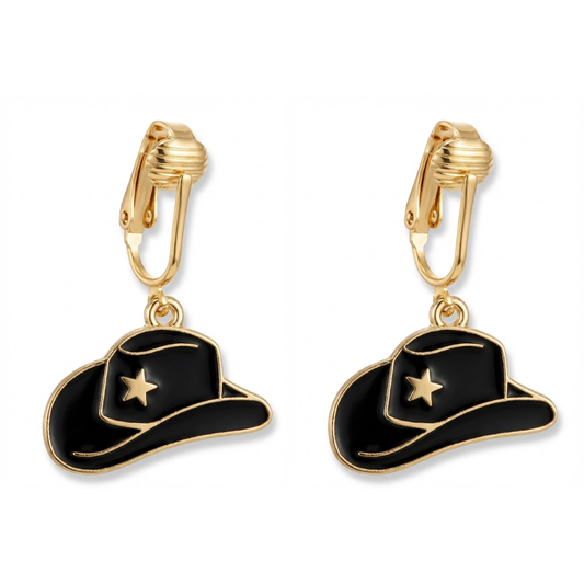 Black Cowboy Hats Gold Clip On Dangling Earrings