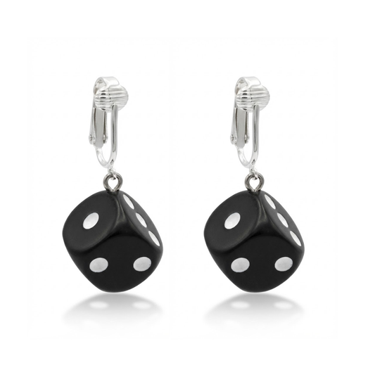 Black Dice Silver Clip On Dangling Earrings