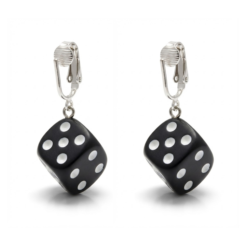 Black Dice Silver Clip On Dangling Earrings