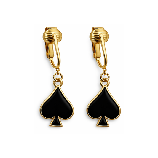 Black Spades Gold Clip On Dangling Earrings