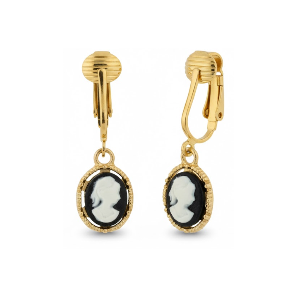 Vintage Style Cameo Gold Clip On Dangling Earrings
