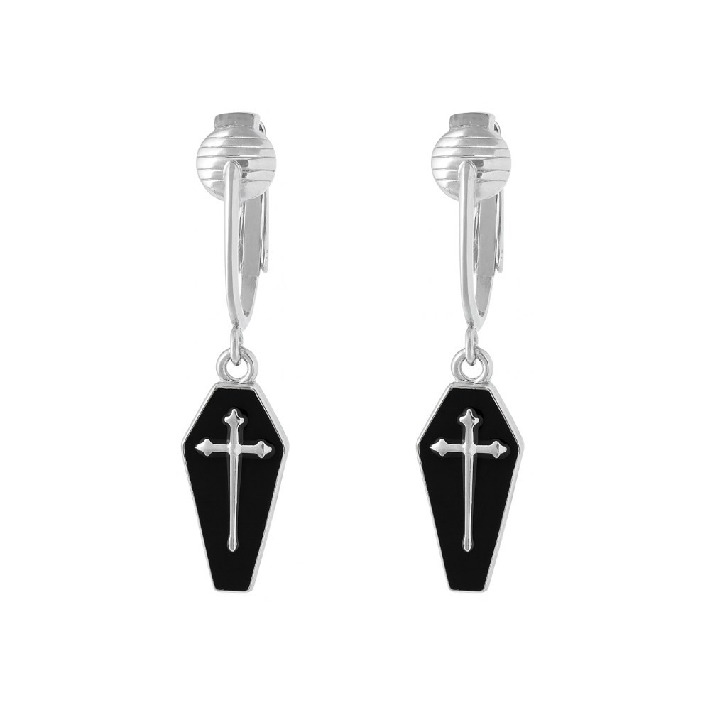Coffin Silver Clip On Dangling Earrings