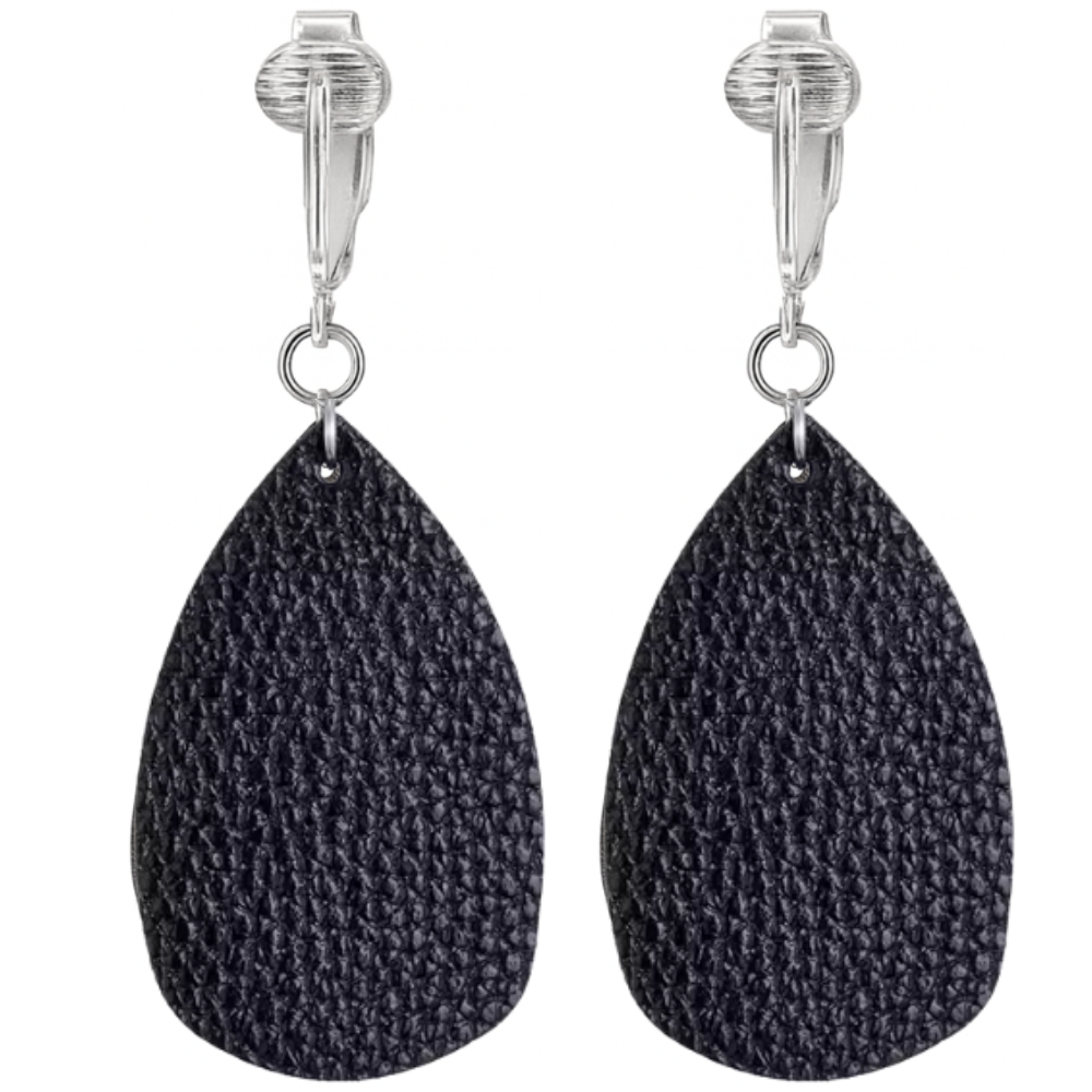 Faux Leather Teardrop Shaped Clip On Dangling Earrings