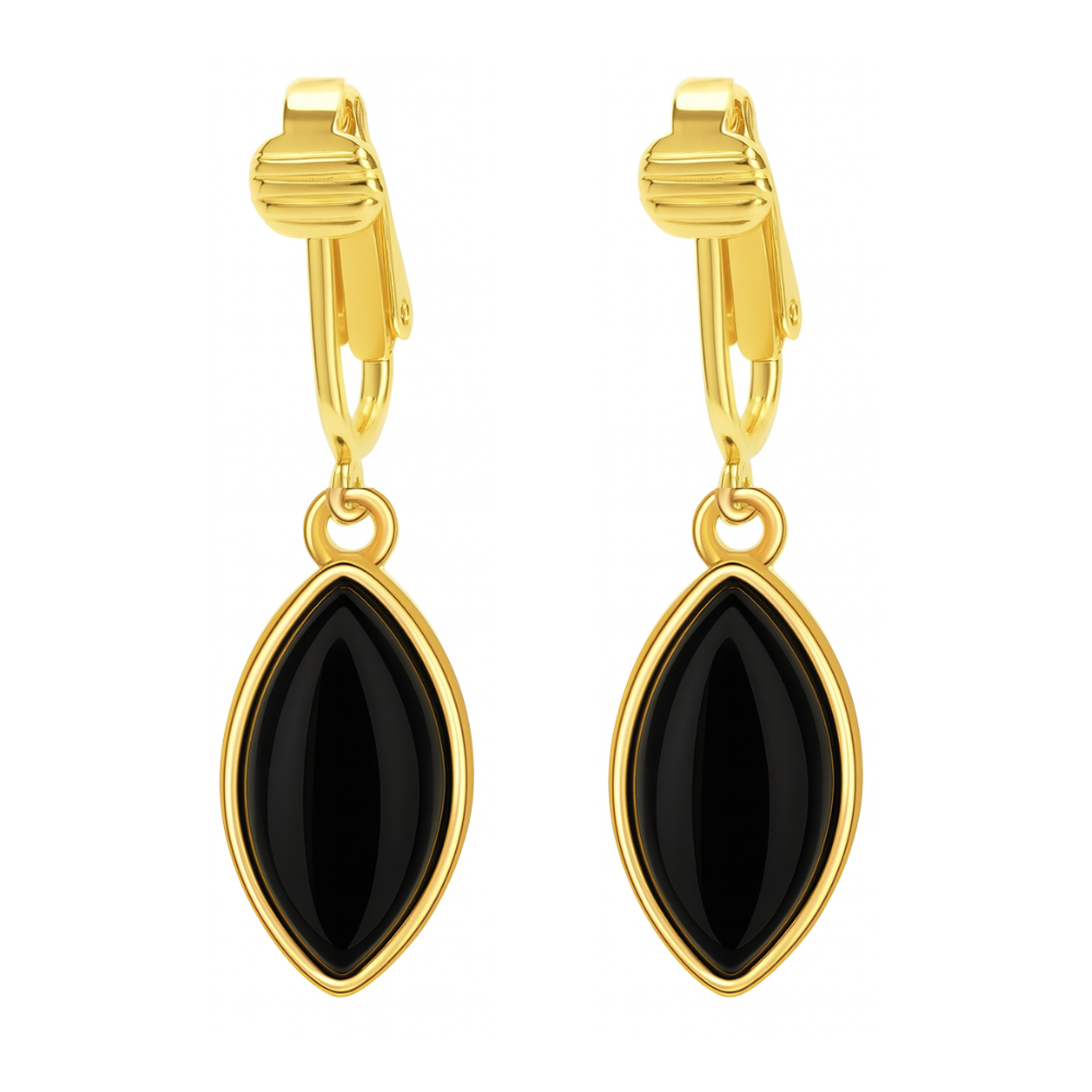Gold Marquise Shaped Clip On Dangling Earrings