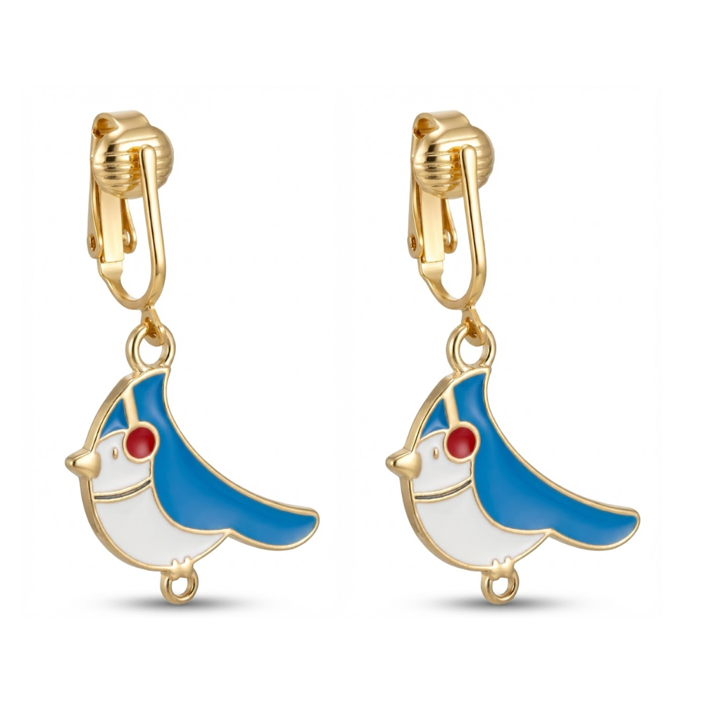 Blue Bird Gold Clip On Dangling Earrings