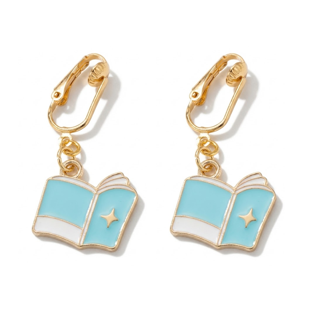 Book Gold Clip On Dangling Earrings
