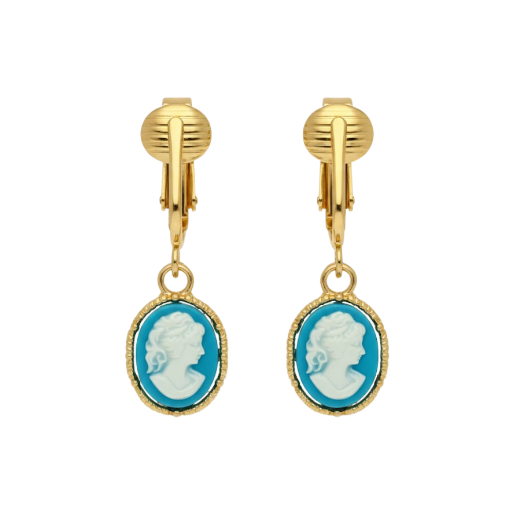 Vintage Style Cameo Gold Clip On Dangling Earrings