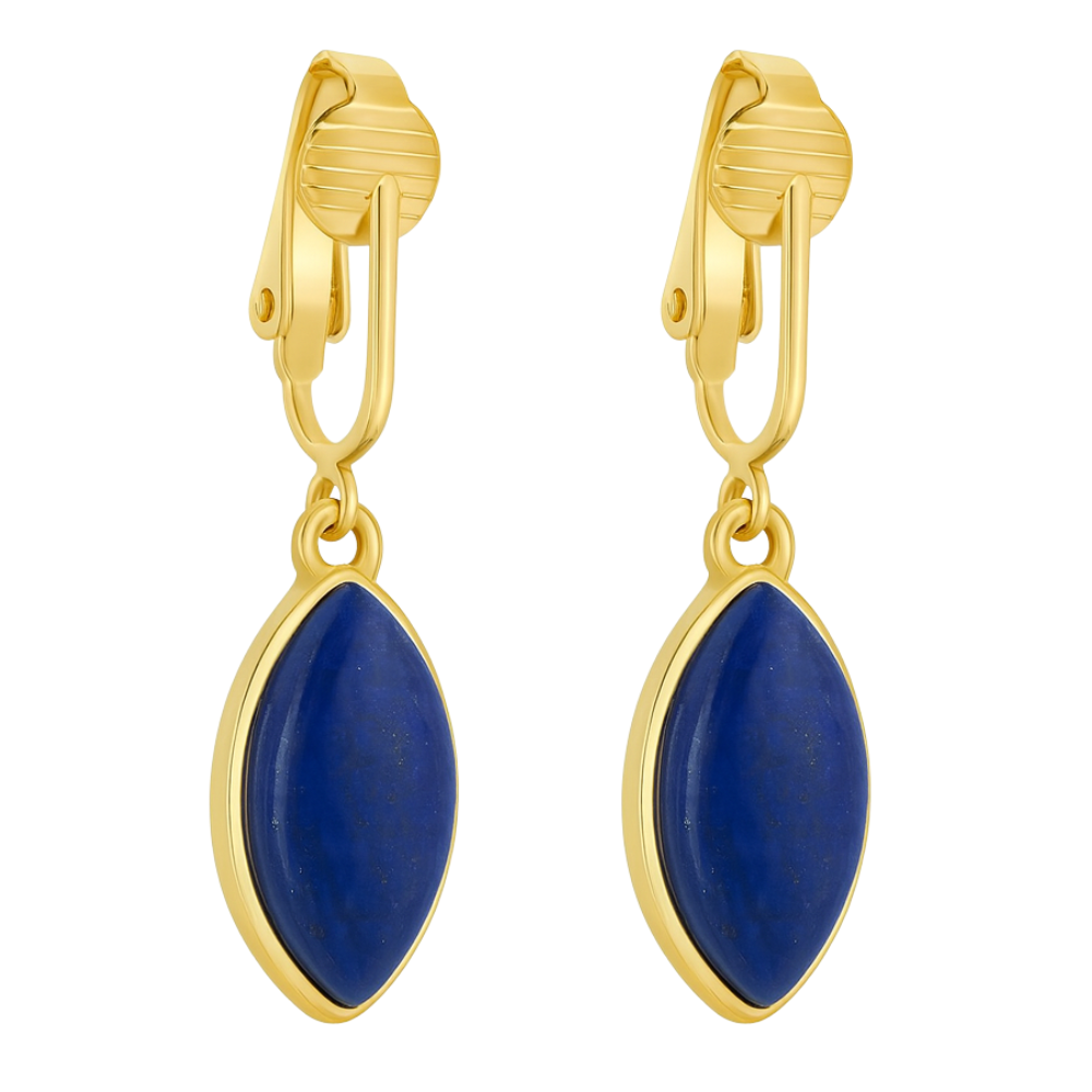 Gold Marquise Shaped Clip On Dangling Earrings