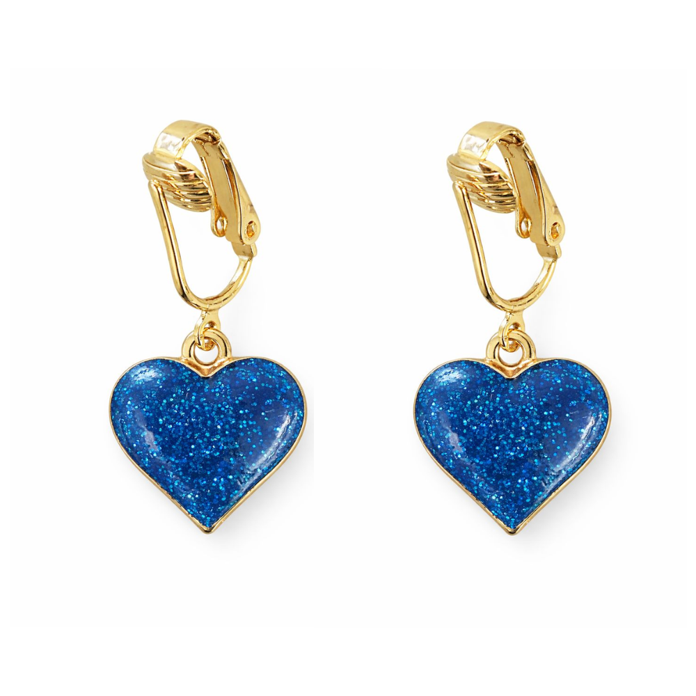 Sparkle Hearts Gold Clip On Dangling Earrings