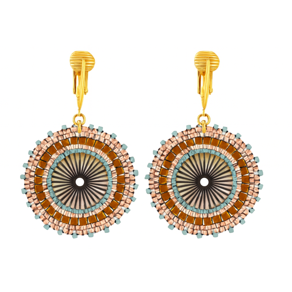 Gold Beaded Circle Clip On Dangling Earrings