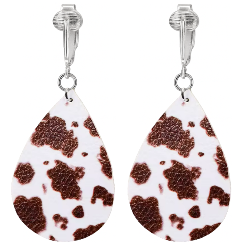 Faux Leather Animal Print Teardrop Shaped Clip On Dangling Earrings