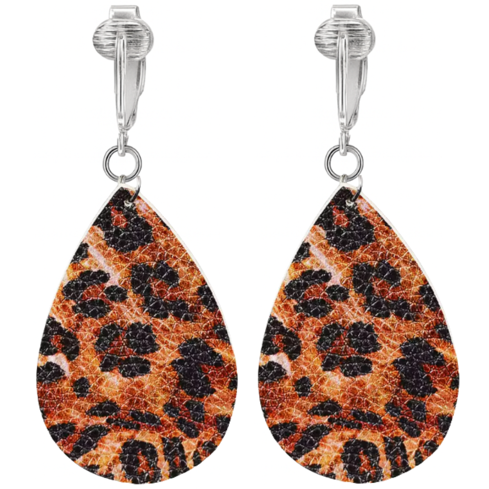 Faux Leather Animal Print Teardrop Shaped Clip On Dangling Earrings
