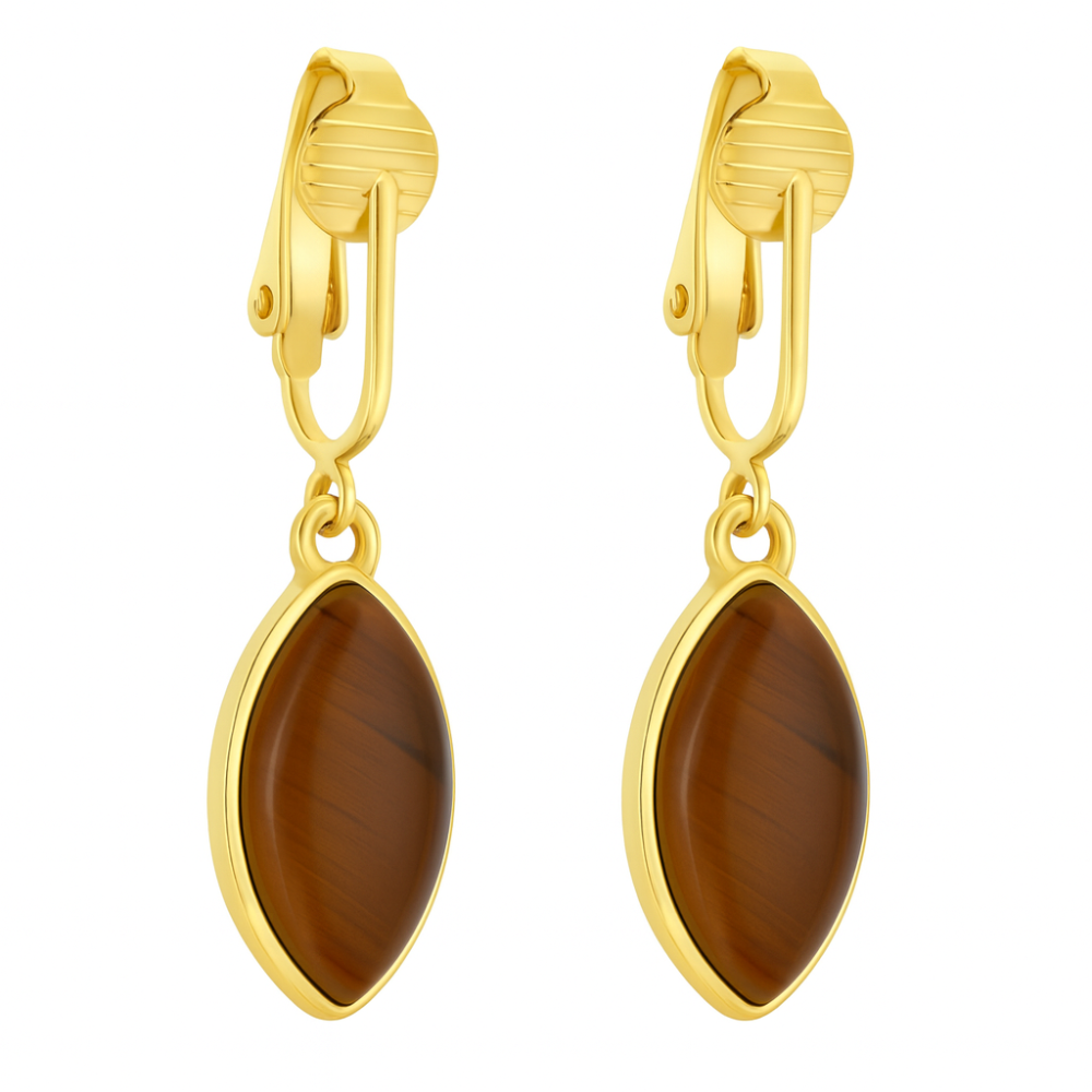 Gold Marquise Shaped Clip On Dangling Earrings