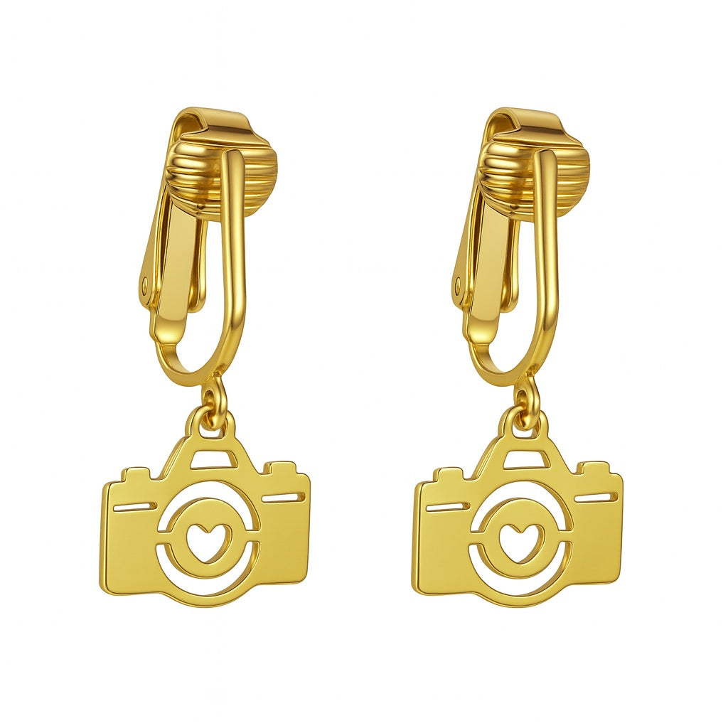 Gold Camera Clip On Dangling Earrings