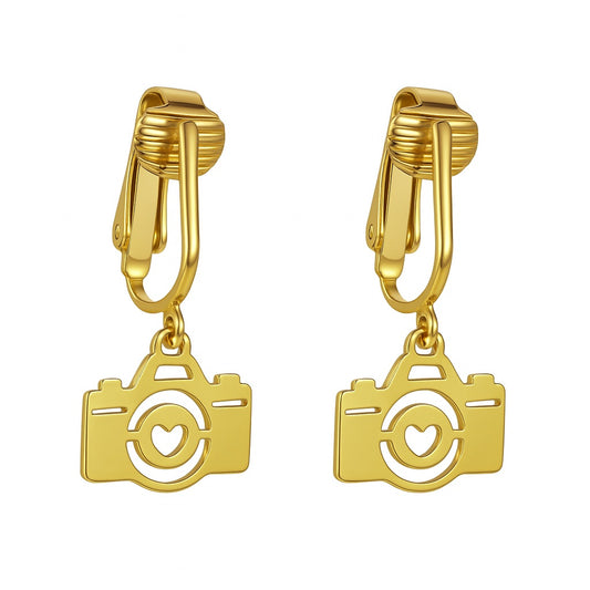 Gold Camera Clip On Dangling Earrings