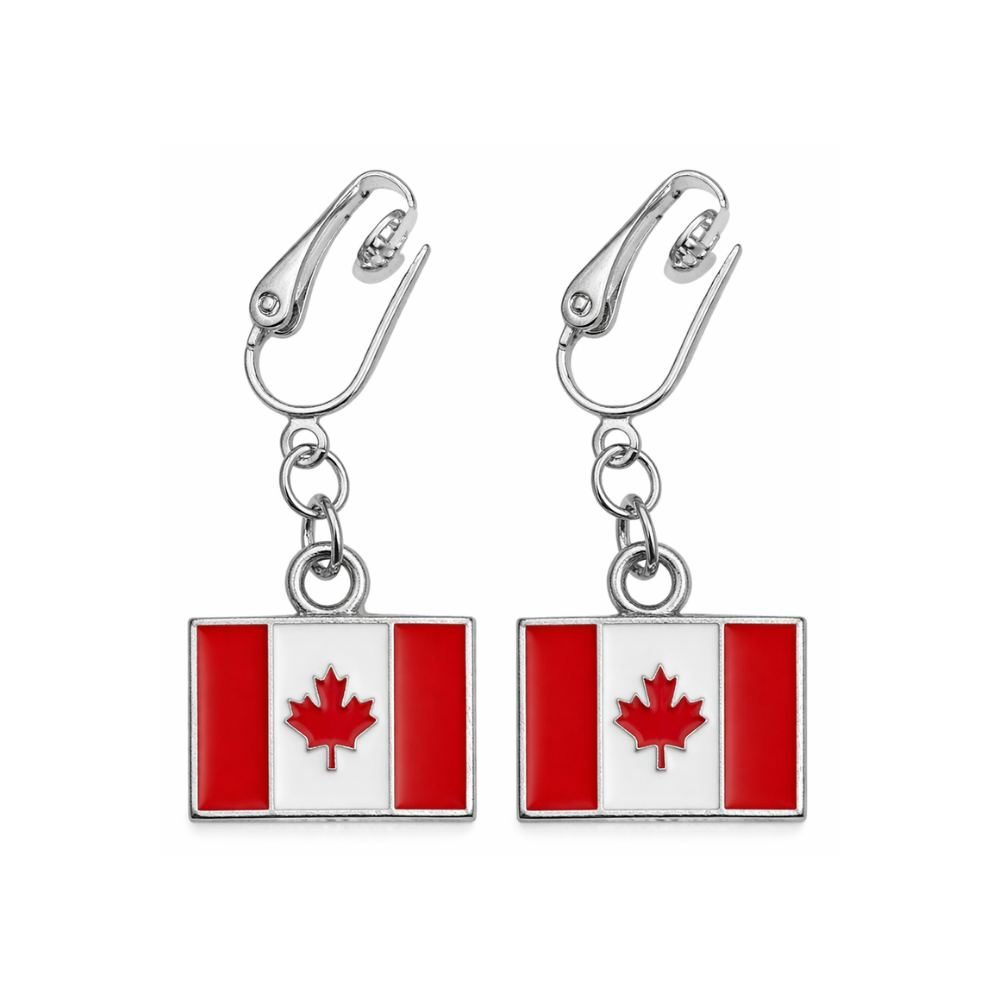 Canadian Flag Silver Clip On Dangling Earrings