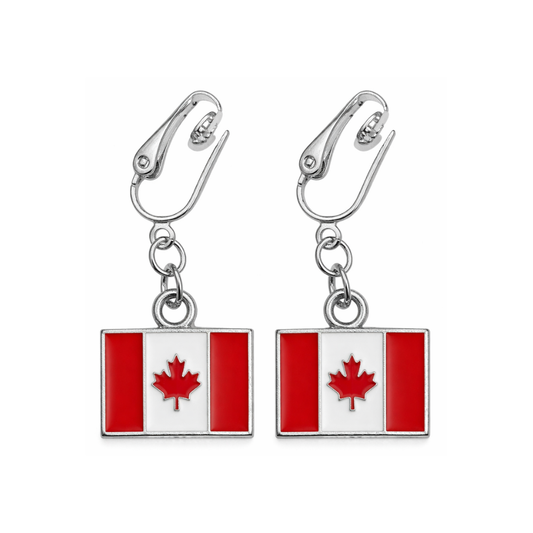 Canadian Flag Silver Clip On Dangling Earrings