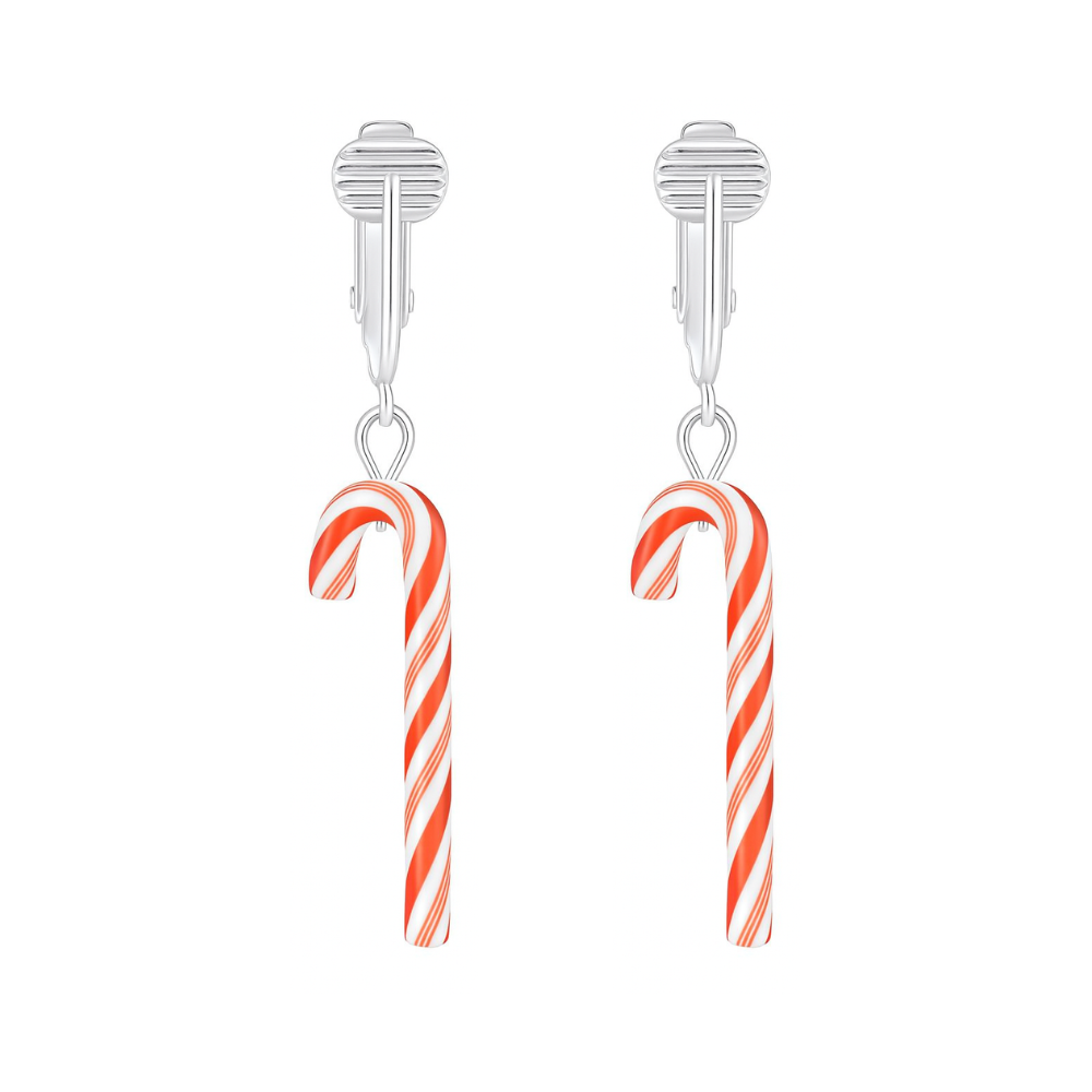 Silver Candy Cane Clip On Dangling Earrings