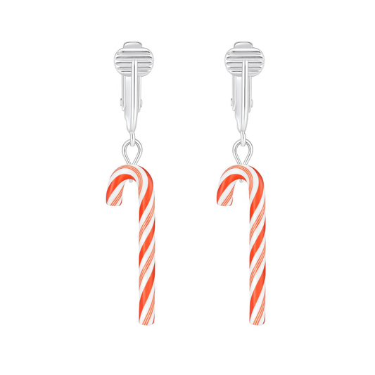 Silver Candy Cane Clip On Dangling Earrings