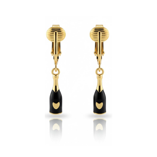 Champagne Bottle Gold Clip On Dangling Earrings