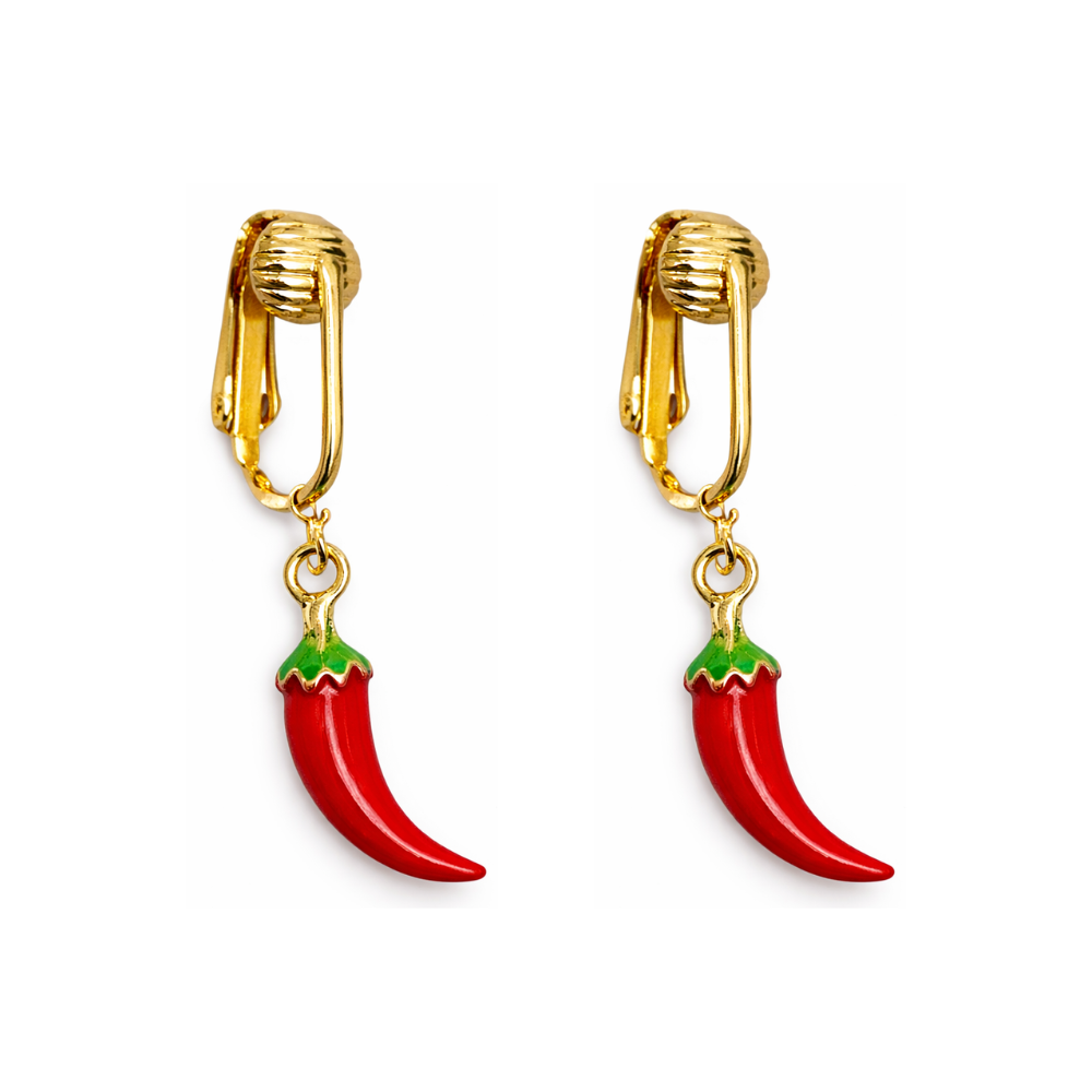 Chili Pepper Gold Clip On Dangling Earrings