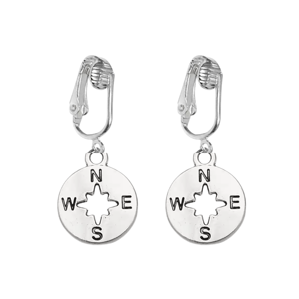 Silver Compass Clip On Dangling Earrings