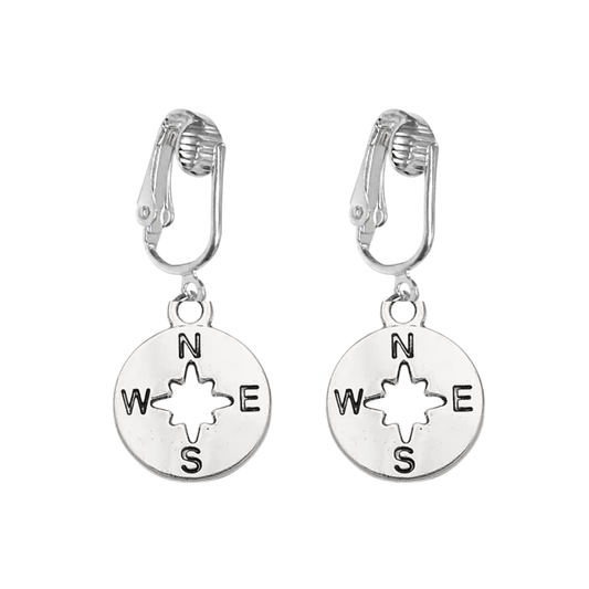Silver Compass Clip On Dangling Earrings
