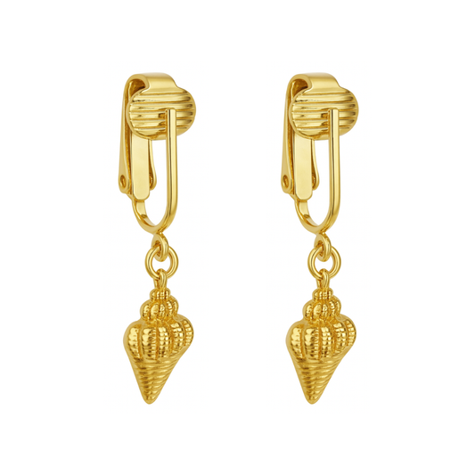 Gold Conch Shells Clip On Dangling Earrings