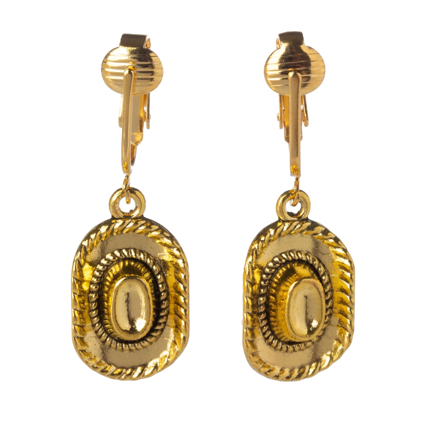 Gold Cowboy Hats Clip On Dangling Earrings