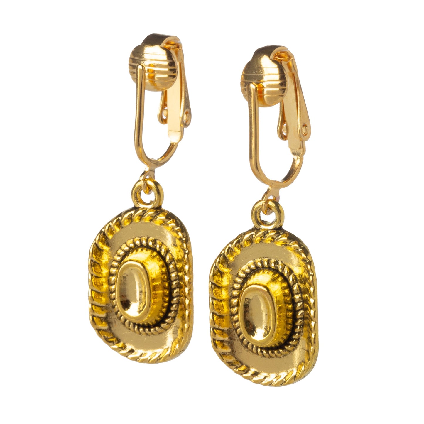 Gold Cowboy Hats Clip On Dangling Earrings