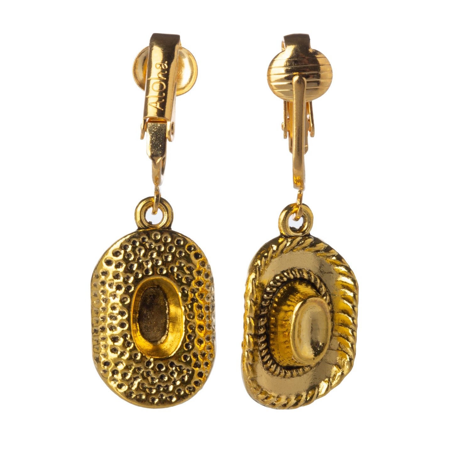 Gold Cowboy Hats Clip On Dangling Earrings