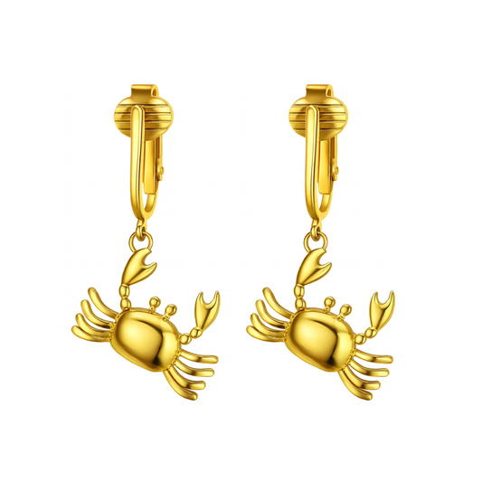 Gold Crabs Clip On Dangling Earrings
