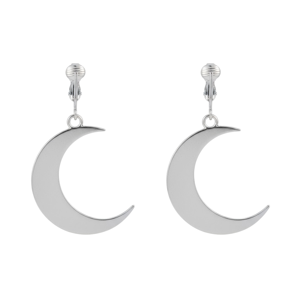 Silver Crescent Moon Clip On Dangling Earrings